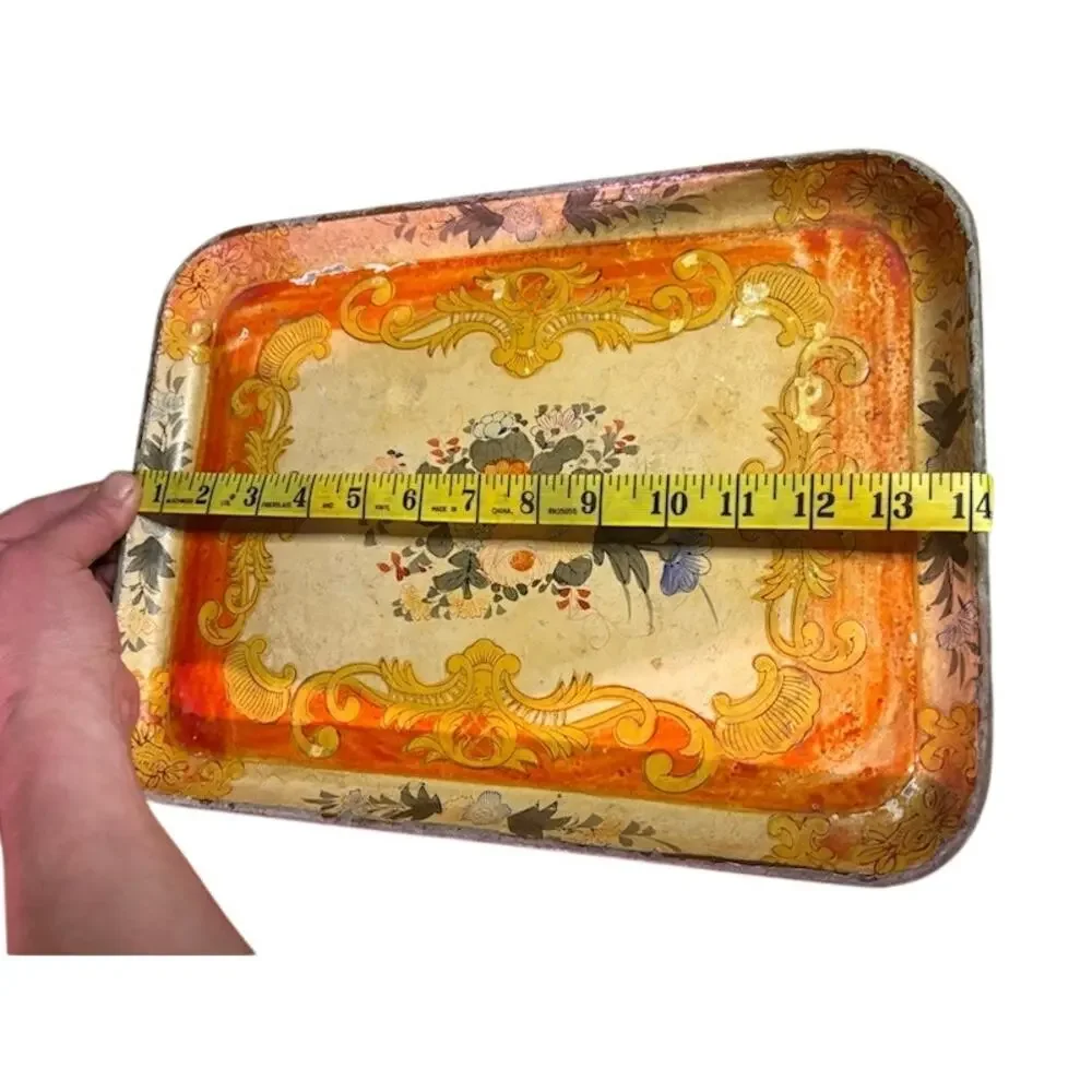 Vintage Japanese Paper Mache Tray 10x14 Floral Gold Orange A.L. Inc NY Decor